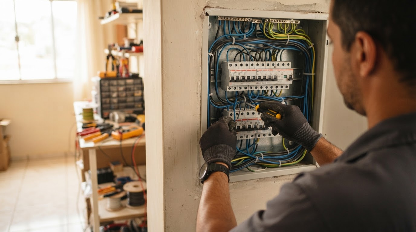 Quadro de distribuição elétrica com disjuntores organizados e mão de profissional ajustando