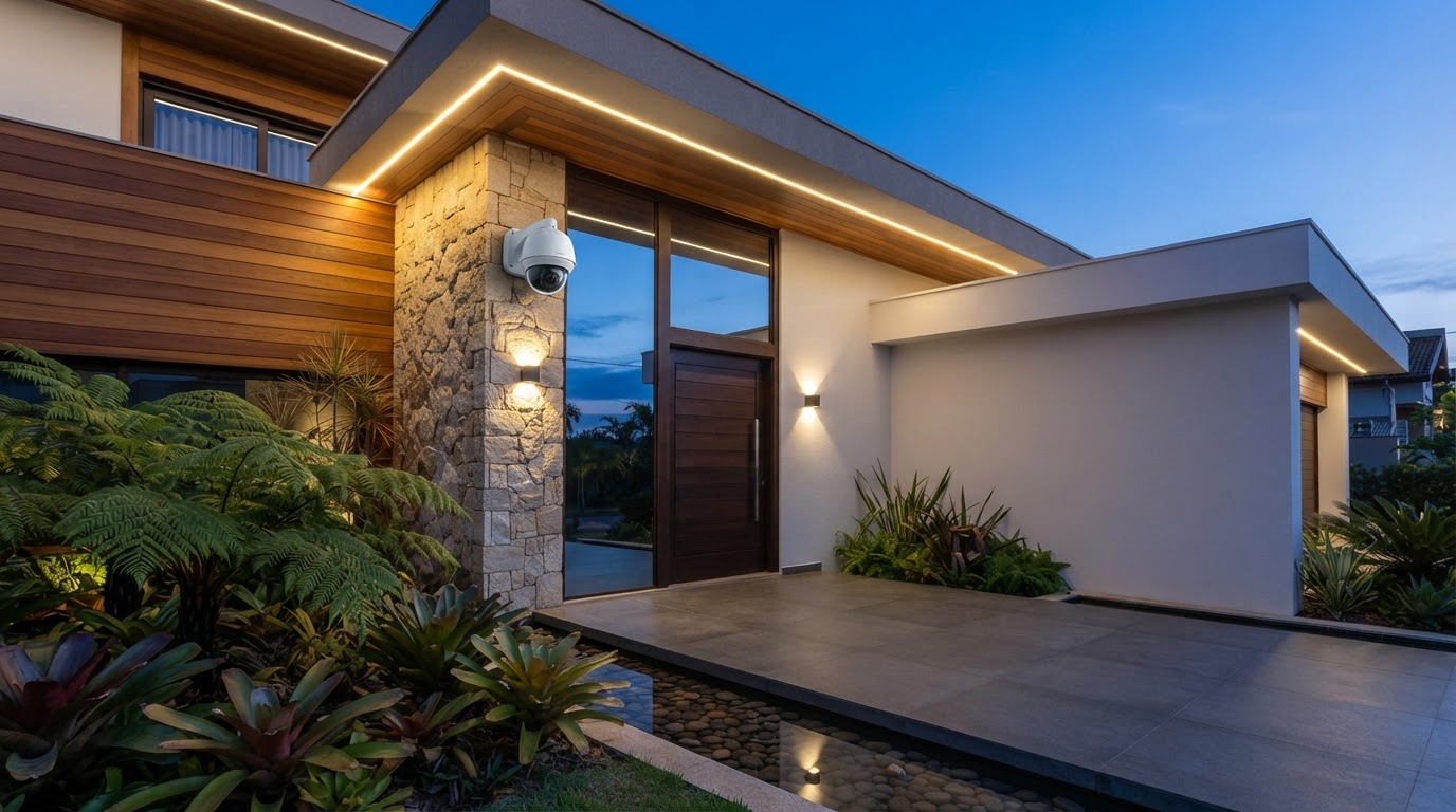 Câmera de segurança instalada em residência moderna ao entardecer
