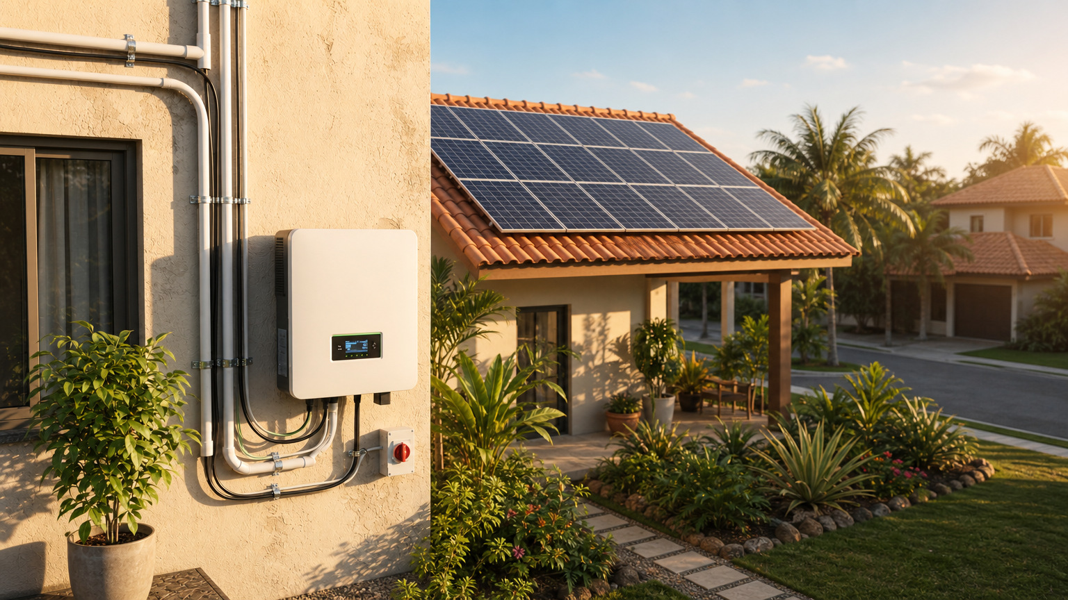Painéis solares instalados no telhado de residência moderna em dia ensolarado