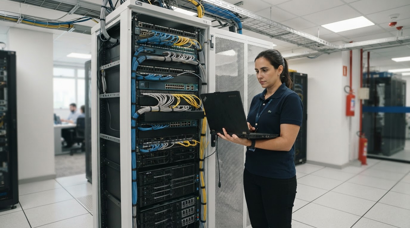 Técnico de TI realizando manutenção em computador em escritório